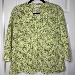 JM Collection Petite Green Floral Button Blouse 14P Pintuck Detail Spring